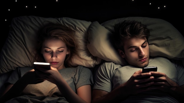 Couple with smartphones in their bed Mobile phone addiction Bored distant couple ignoring