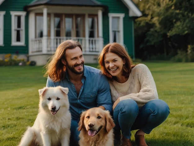 a couple with their dogs in front of a house