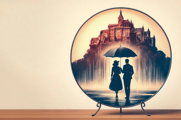 Photo a couple with an umbrella in front of a castle space for text