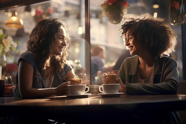 A couple of women enjoying a cup of coffee at a cafe hyper