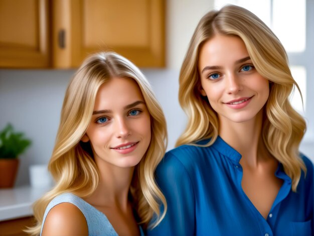 Couple of women standing next to each other in room with wooden cabinets