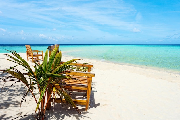 Couple of wooden chair standing on a beach Indian Ocean