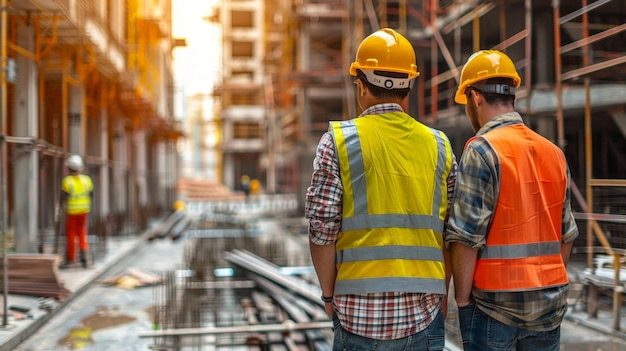 a couple of workers are walking on a construction site