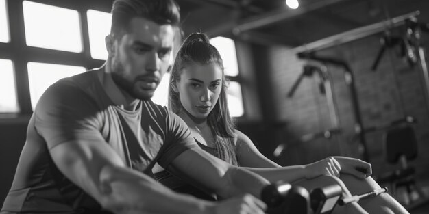 Photo a couple working out together on a stationary bike focused on their fitness routine