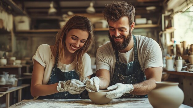 Photo a couple working on pottery in a studio