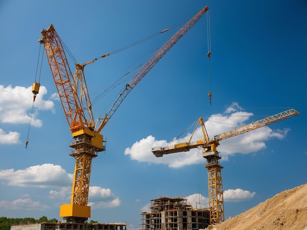 Photo a couple of yellow cranes are standing in a construction site