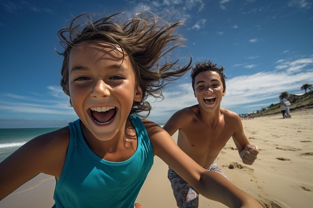 A couple of young and happy children run on a beach