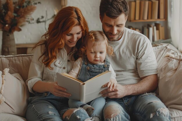 Photo couples educate their children to read books at home