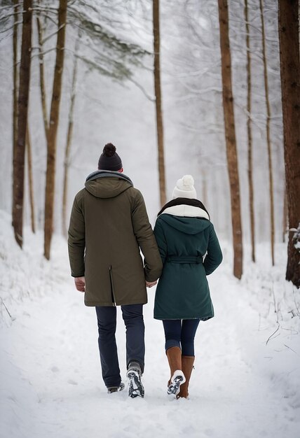 Photo couples handheld winter stroll through snow