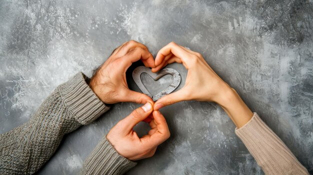 Photo couples hands forming a heart with wooden decoration