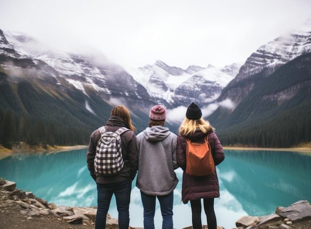 Couples looking at a lake in the mountains