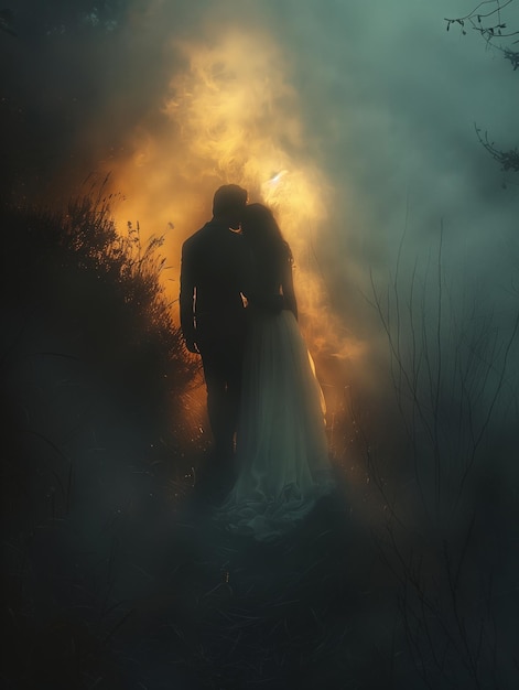 A Couples Silhouette in a Mystical Forest