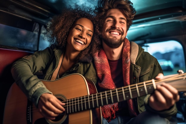 Couples smiling with guitar on their van with Generative AI