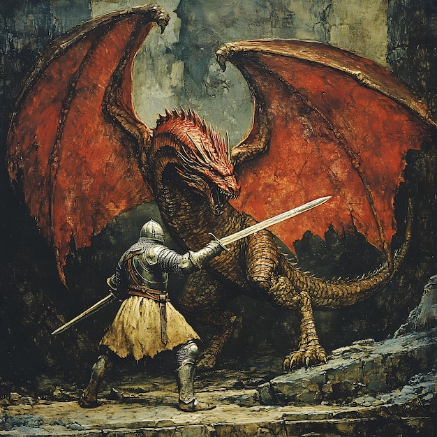 Photo courageous knight battles ferocious dragon in fantastical medieval scene