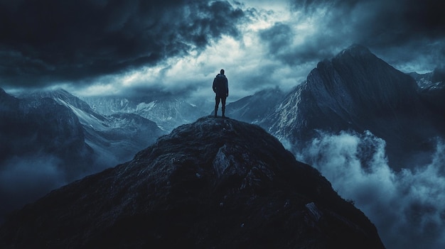 Courageous Man Standing Mountain Top Cloudy Sky Image