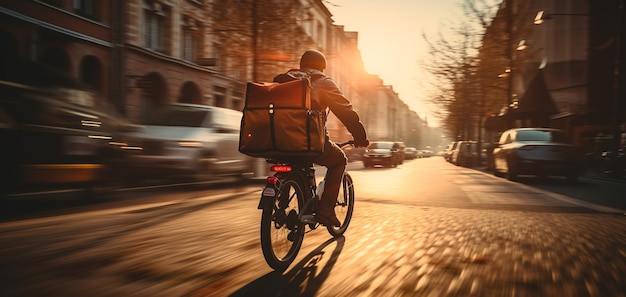 Courier on bicycle delivering food in city The concept of fast delivering goods or food