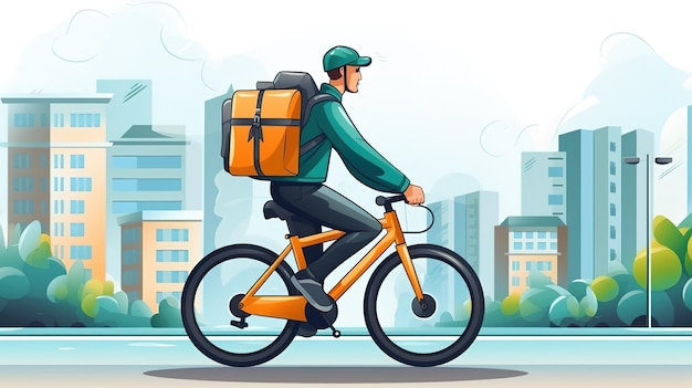 Courier on bicycle delivering food in city The concept of fast delivering goods or food