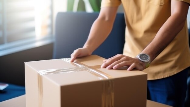 Courier checkups stack of parcels in cardboard boxes in post office logistic center