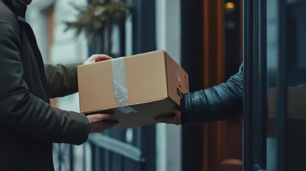 Photo courier delivering damaged cardboard box to client at doorway