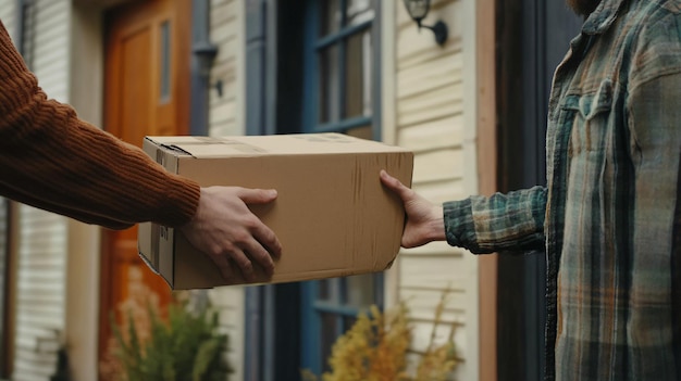 Photo courier delivering damaged cardboard box to client at doorway