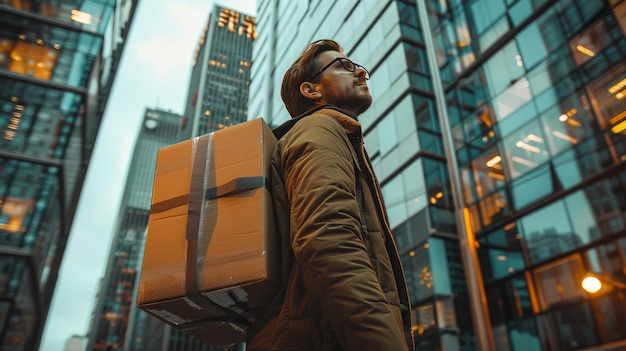 Courier delivery of lunch and food fruit in a takeaway package Hands closeupThe employee is happy with his work in a cafe restaurant The man is darkhaired brownhaired of European appearance