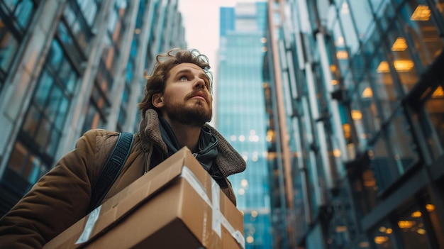 Courier delivery to the restaurant The employee is happy with his work in a cafe restaurant Delivers food in a takeaway package The man is darkhaired brownhaired of European appearance