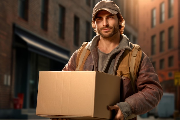 Photo a courier holding a cardboard box in front of him in an urban setting mock up copy space