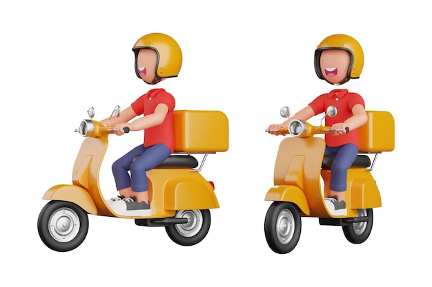 Courier riding a yellow motorcycle with happy pose 3d rendering illustration