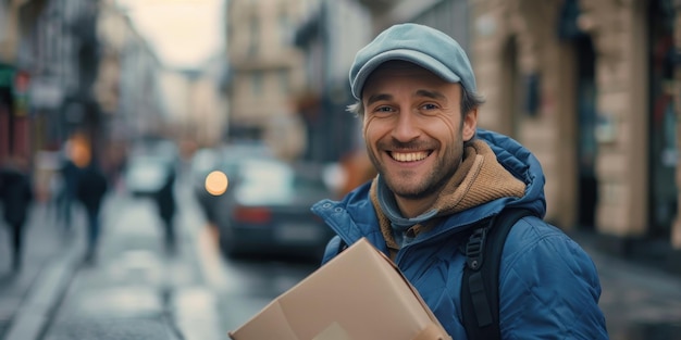 Photo a courier smiling while holding a package with a bustling city street in the background and space for branding or text ar 21 v 6 job id 3e792f89a2494d4faa5585a34dbf1e18