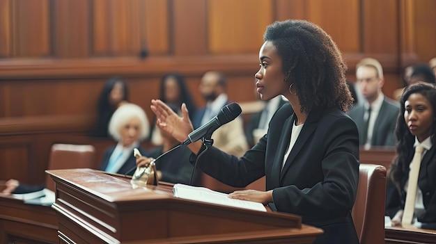 Court of Justice and Law Trial Female Public Defender Presenting Case Making Passionate Speech to Judge Jury Multiethnic Attorney Lawyer Protecting Clients Innocents with Supportive Evidence