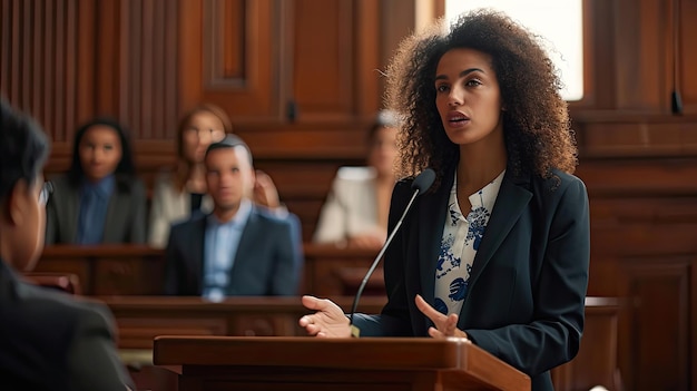 Court of Justice and Law Trial Female Public Defender Presenting Case Making Passionate Speech to Judge Jury Multiethnic Attorney Lawyer Protecting Clients Innocents with Supportive Evidence