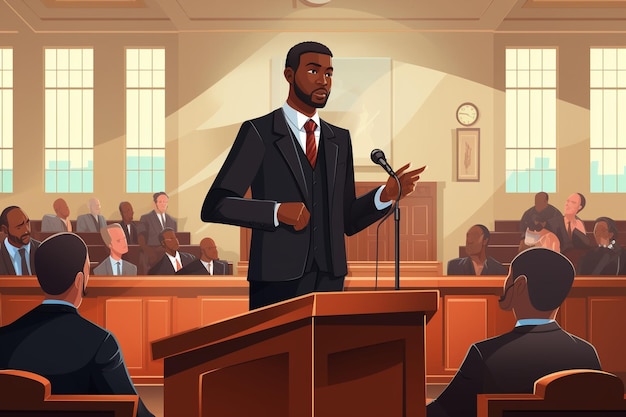 Court of Justice and Law Trial Male Public Defender Presenting Case Making Passionate Speech to Judge Jury African American Attorney Lawyer Protecting Client's Innocents with Supporting Argument