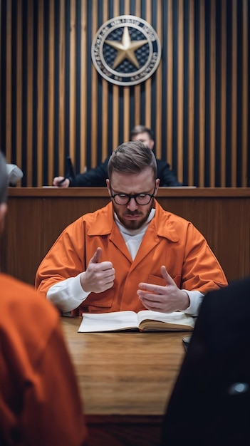 Photo court of law and justice trial proceedings law offender in orange jumpsuit is questioned and givin