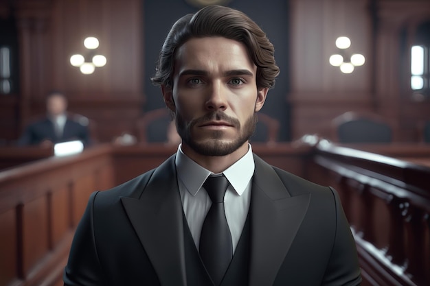 Court of Law and Justice Trial Stand Portrait of Handsome Male Witness Giving Testimony AI Generation