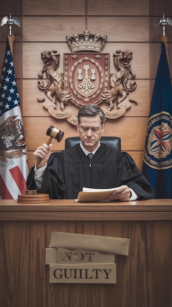 Photo court of law trial in session vertical portrait of honorable male judge reading decision striking