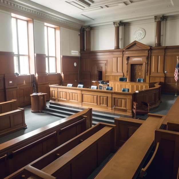 A court room with a wooden bench and a clock on the wall.