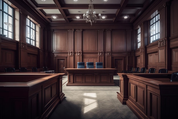 A court room with a wooden table and a judge's chair.