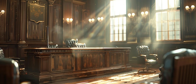 Courtroom interior with a focus on the judges chair