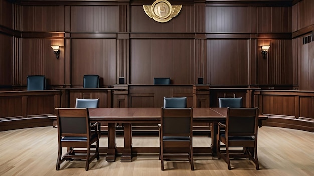 Photo courtroom setting with polished judges bench and intricate wooden paneling