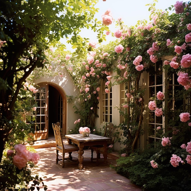 A courtyard decorated with roses