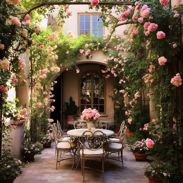 A courtyard decorated with roses