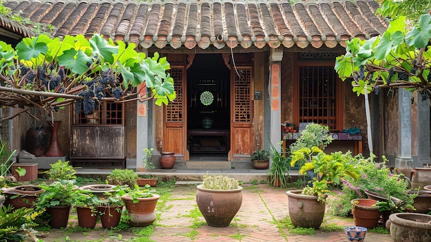 Photo courtyard of a traditional chinese house with potted plants and grapevines