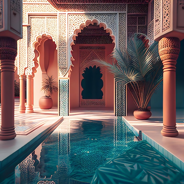 A courtyard with columns and arches and a pool in the middle.