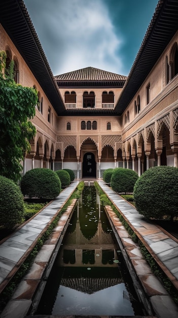 A courtyard with a fountain and a sign that says seville.