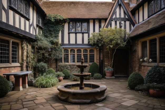 Courtyard with fountain and stone benches in tudor house exterior created with generative ai