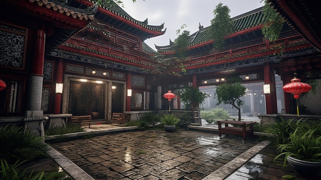 A courtyard with a red umbrella and a tree in the background.