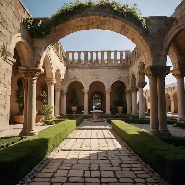 a courtyard with a stone archway and a sign that says garden