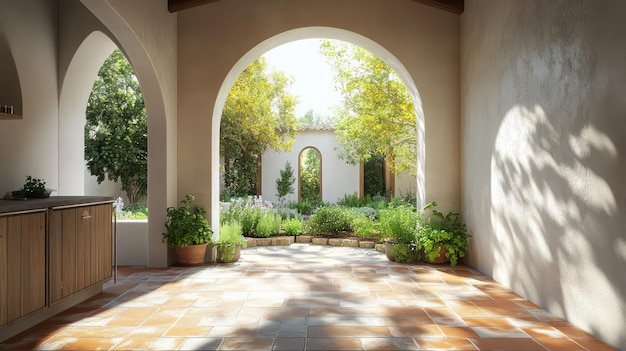 Photo a courtyard with a sunlit archway and a garden with plants and trees