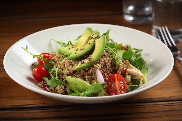 Couscous with chicken fillet and avocado with vegetables healthy diet vegetarian food