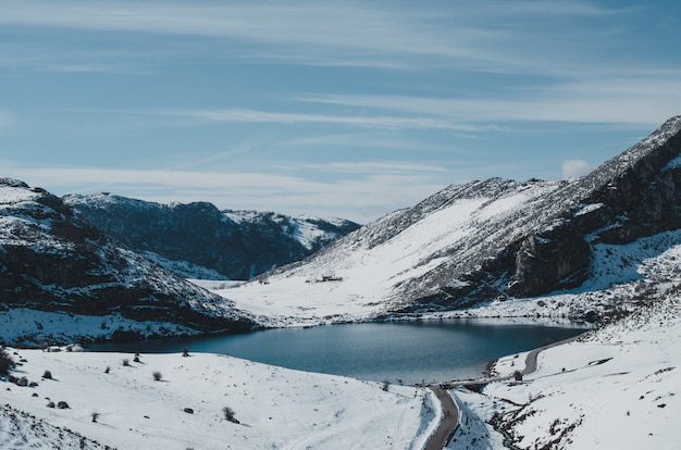 Covadonga lakes snowy landscape.